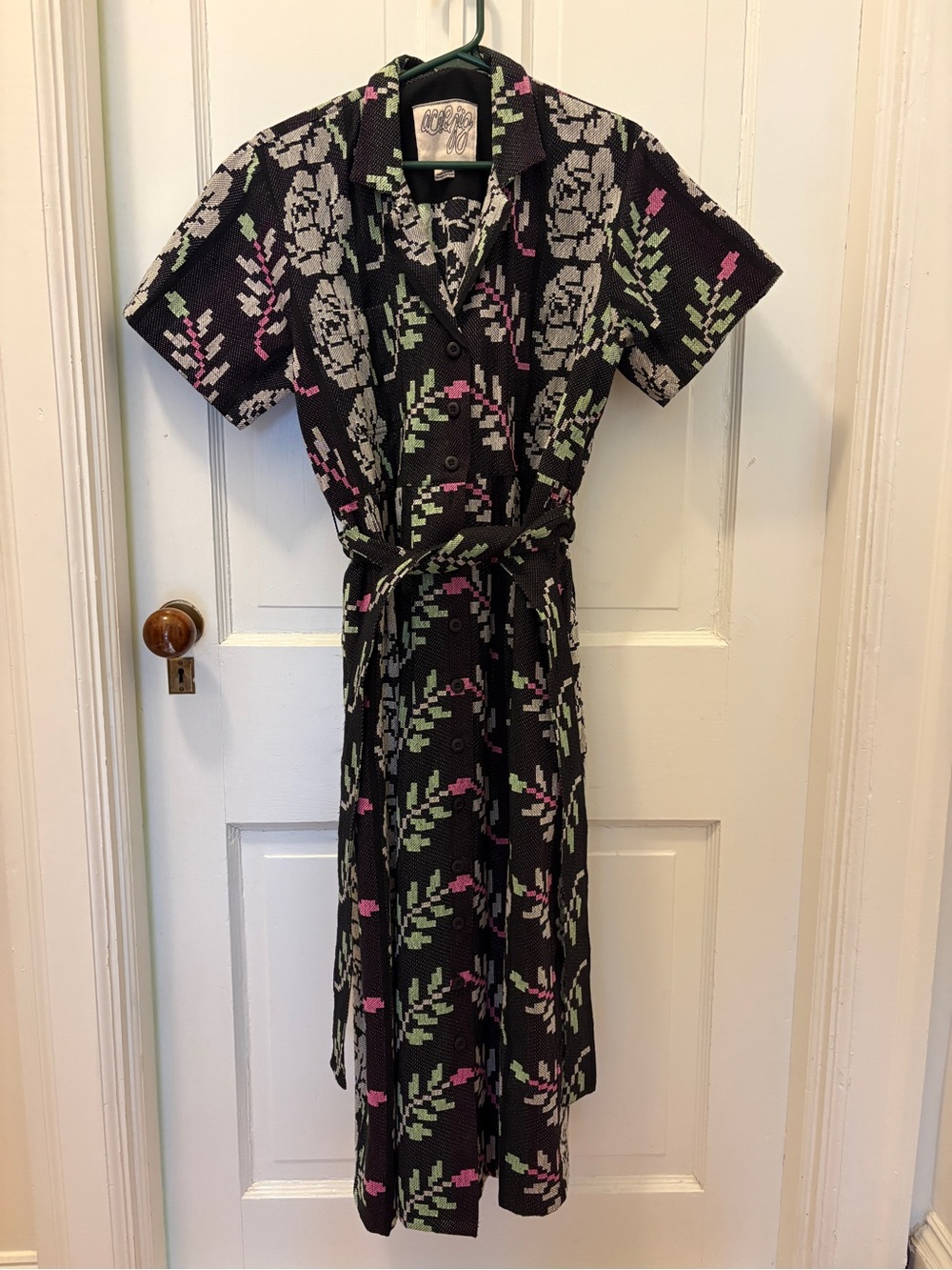 Ace & Jig Black Midi Shirt Dress with Pink and Light Green Floral Jacquard